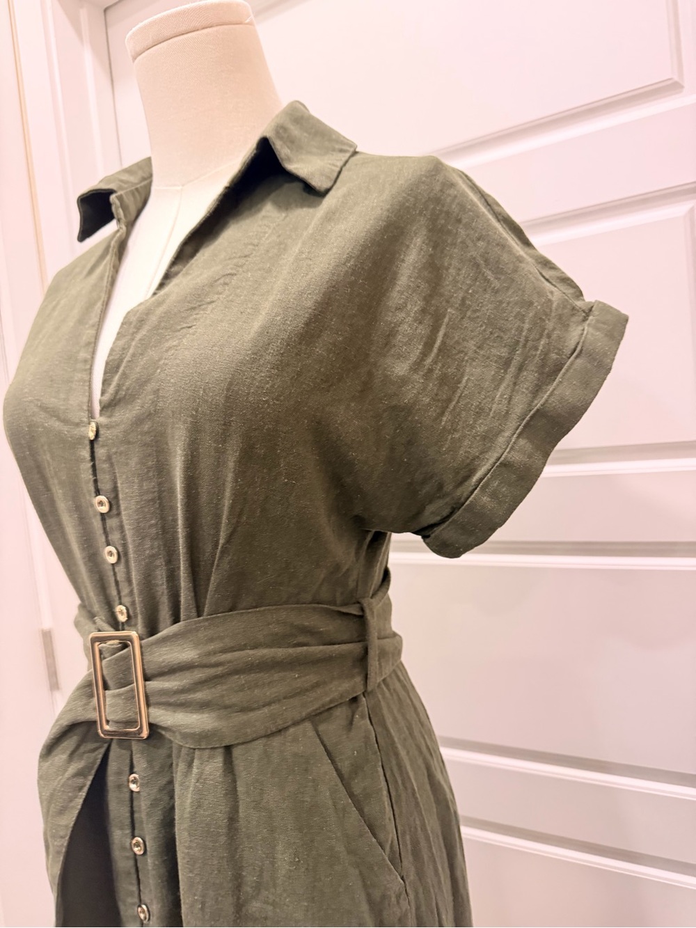 Zara Linen-Blend Olive Button-Front Shirt Maxi Dress with Belt - Picture 5 of 12